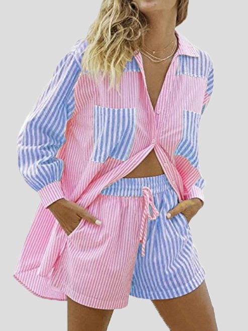 Women's Sets Striped Shirt & Pocket Shorts Two-Piece Set