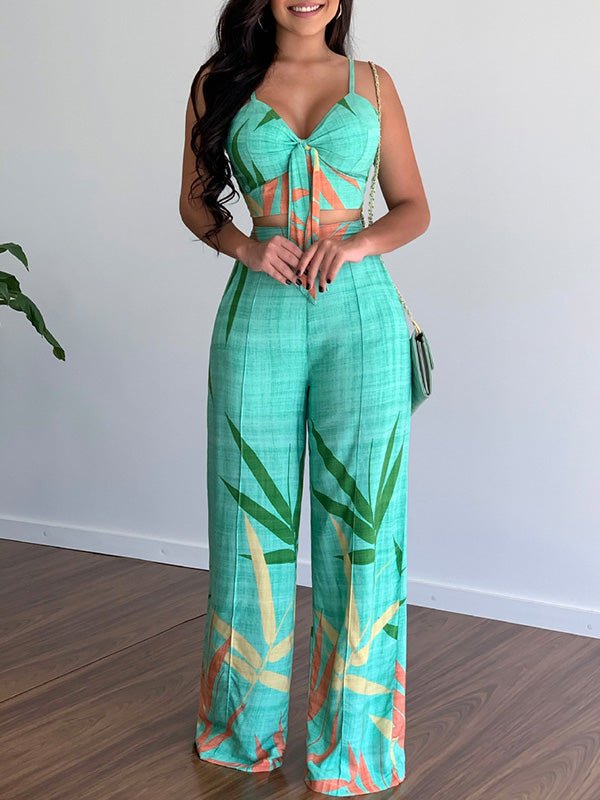 Women's Sets V-Neck Cropped Tank Top & Printed Wide-Leg Pants Two-Piece Set