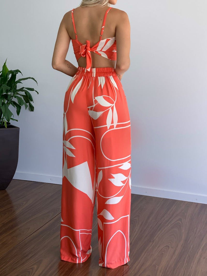 Women's Sets V-Neck Cropped Tank Top & Printed Wide-Leg Pants Two-Piece Set