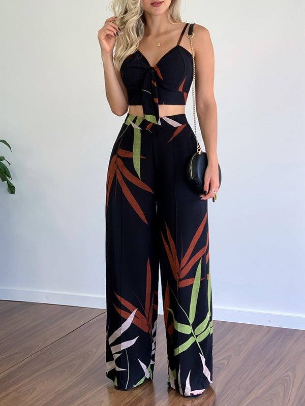 Women's Sets V-Neck Cropped Tank Top & Printed Wide-Leg Pants Two-Piece Set