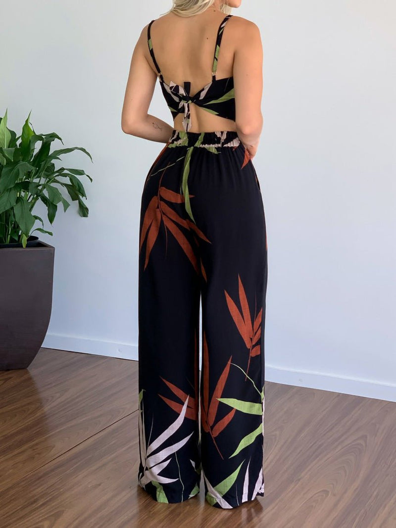 Women's Sets V-Neck Cropped Tank Top & Printed Wide-Leg Pants Two-Piece Set