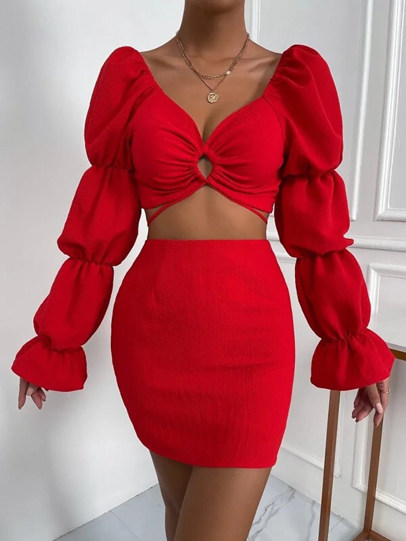 Women's Sets V-Neck Cutout Crop Top & Skirt Two-Piece Set