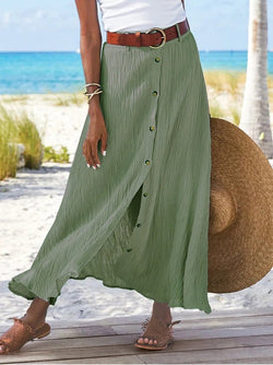 Women's Skirts Cotton And Linen Button Slit A-Line Skirt