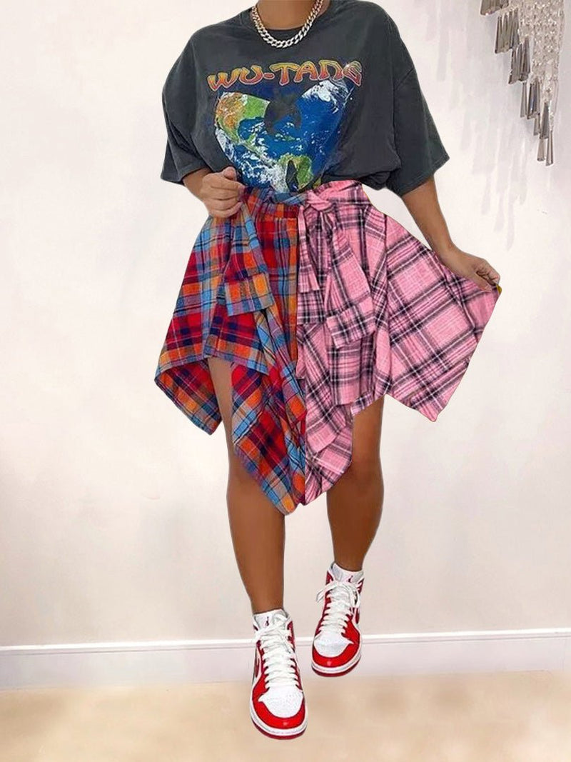 Women's Skirts Plaid Contrast Shirt Irregular Skirt