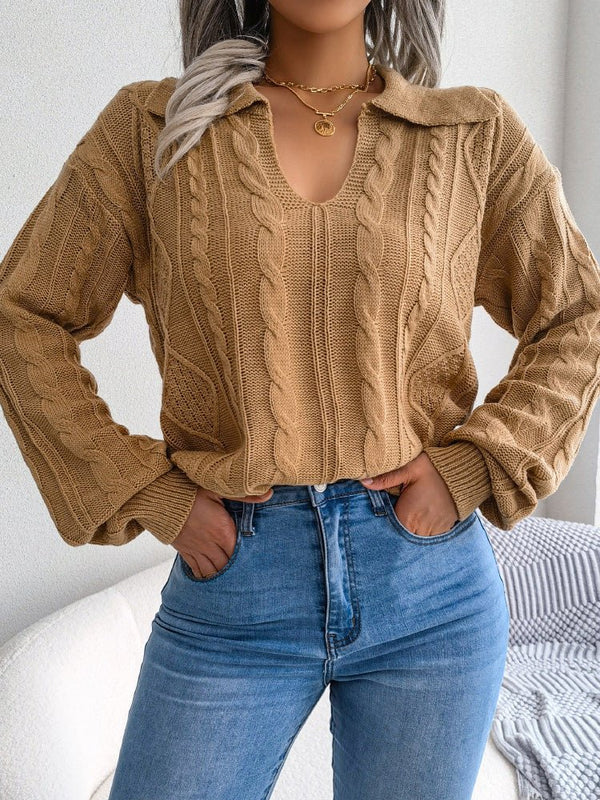 Women's Sweaters Casual Lapel Twist Long Sleeve Knit Sweater