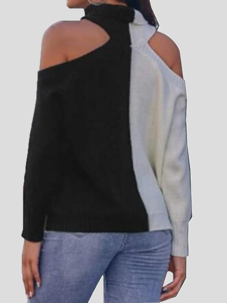 Contrasting Off-The-Shoulder High Collar Sweater