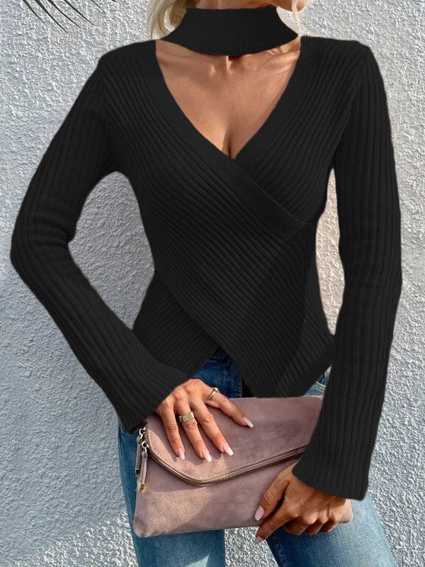 Women's Sweaters Halter V-Neck Irregular Long Sleeve Knit Sweater