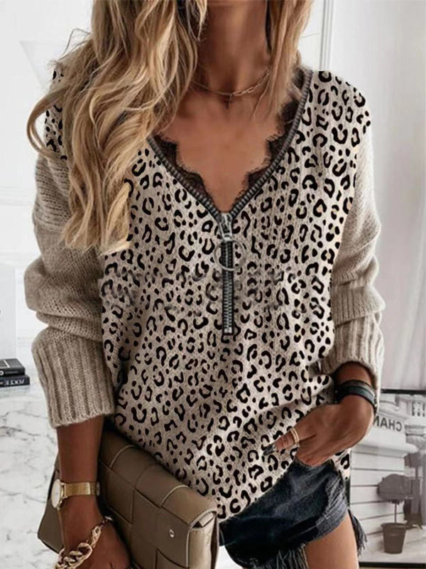 Lace Zip Leopard Print Long Sleeve Sweater