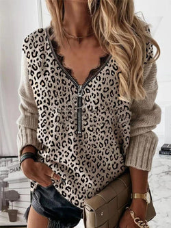 Lace Zip Leopard Print Long Sleeve Sweater