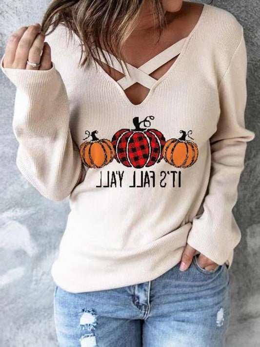 Women's Sweaters Pumpkin Print V-Neck Long Sleeve Sweaters