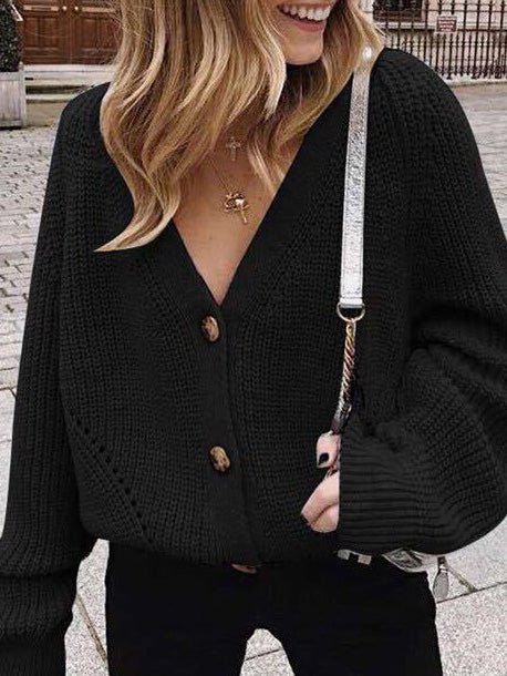 Women's Sweaters Solid V-Neck Button Sweater