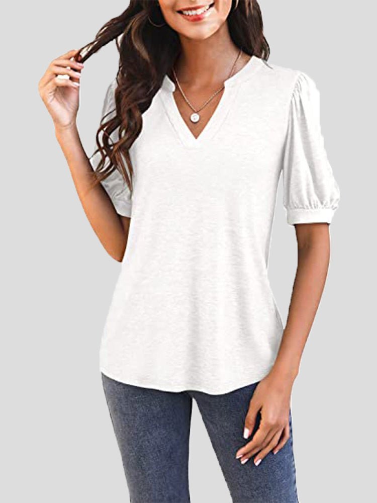 Women's T-Shirts Casual V Neck Puff Sleeve T-Shirt