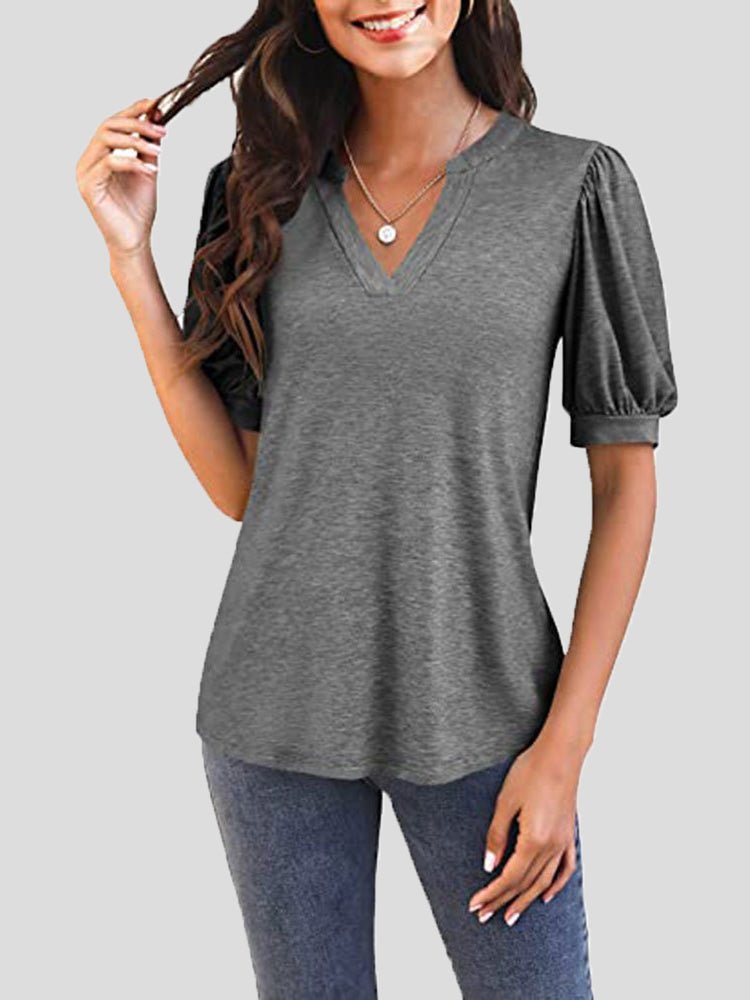 Women's T-Shirts Casual V Neck Puff Sleeve T-Shirt