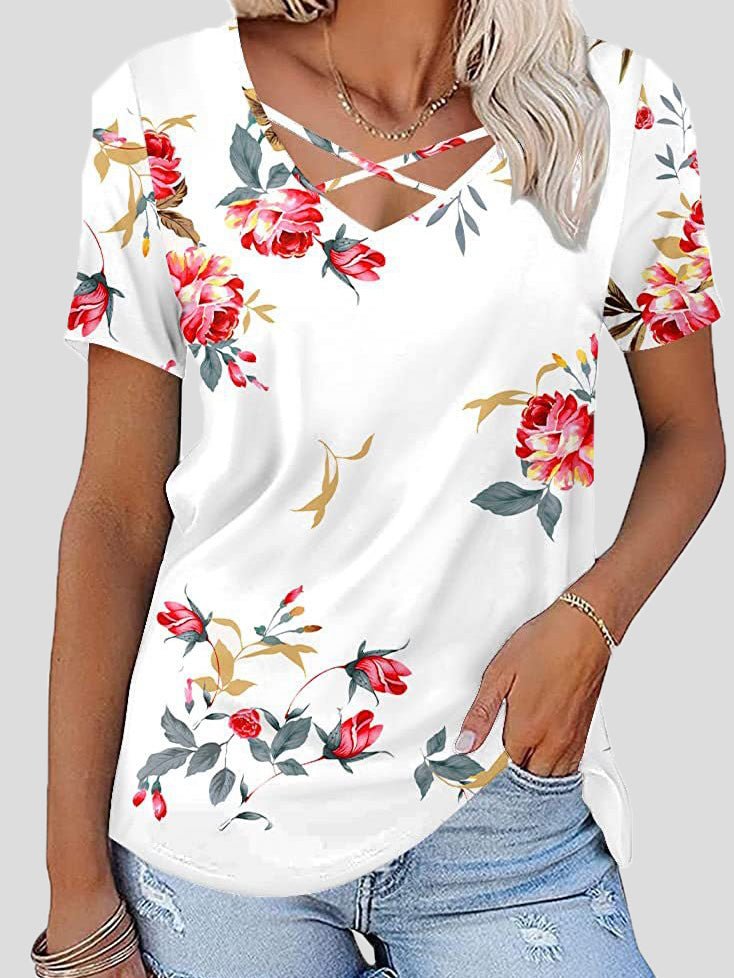 Women's T-Shirts Chest Cross Print V-Neck Short Sleeve T-Shirt