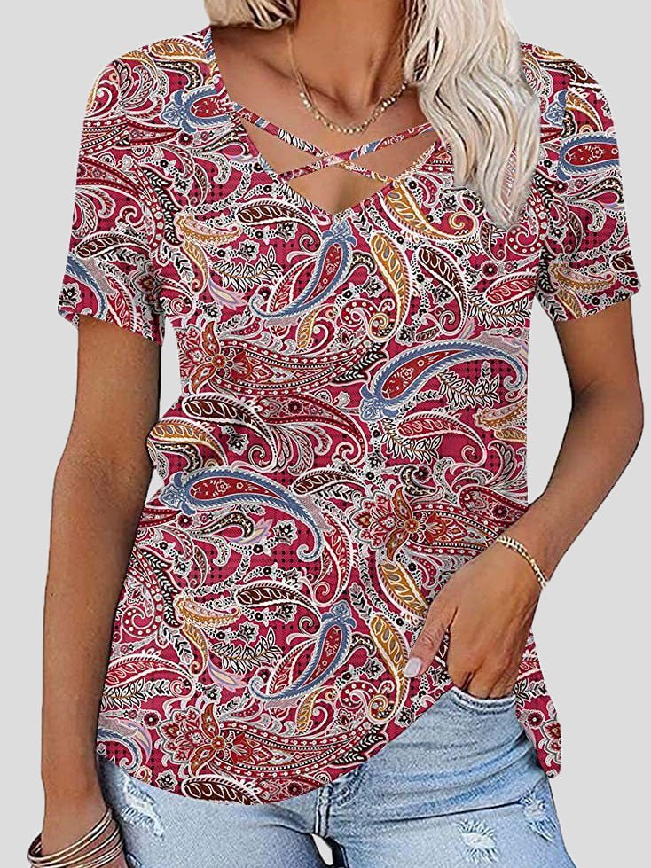 Women's T-Shirts Chest Cross Print V-Neck Short Sleeve T-Shirt