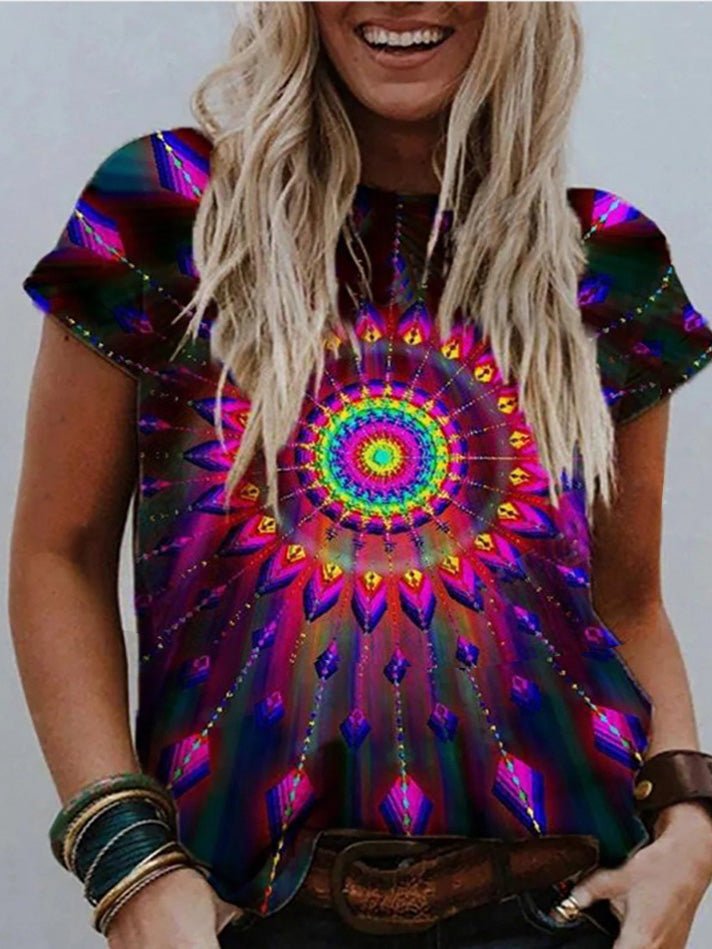 Women's T-Shirts Crew Neck Mandala Print Short Sleeve T-Shirt