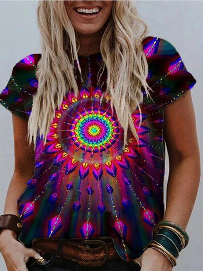 Women's T-Shirts Crew Neck Mandala Print Short Sleeve T-Shirt