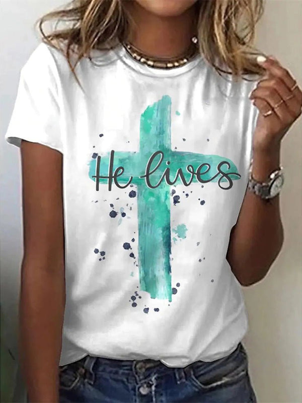 Women's T-Shirts Cross Print Crew Neck Short Sleeve T-Shirt