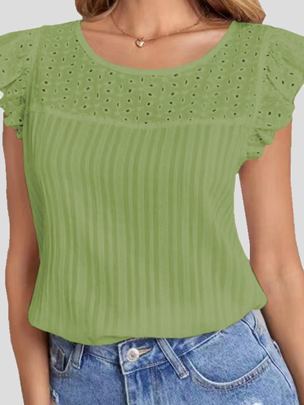 Women's T-Shirts Cutout Crew Neck Ruffle Sleeveless T-Shirt