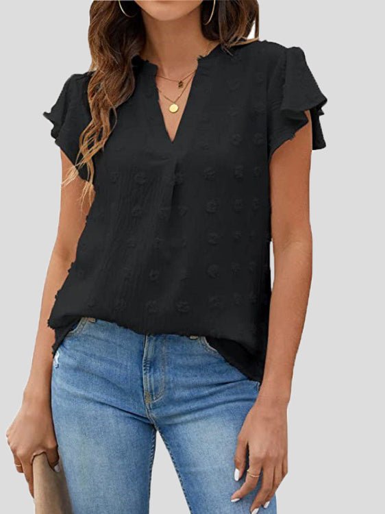 Women's T-Shirts Dot Ruffle Sleeve V-Neck Chiffon T-Shirt