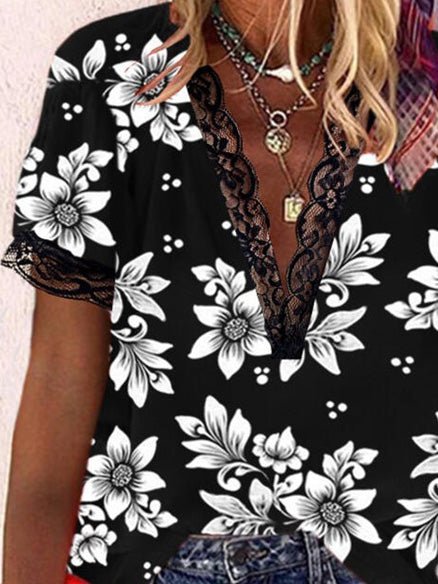 Women's T-Shirts Floral Print Lace V-Neck Short Sleeve T-Shirt