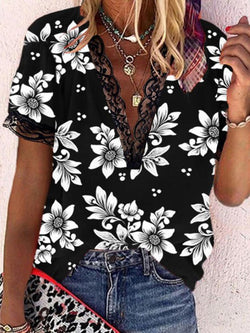 Women's T-Shirts Floral Print Lace V-Neck Short Sleeve T-Shirt