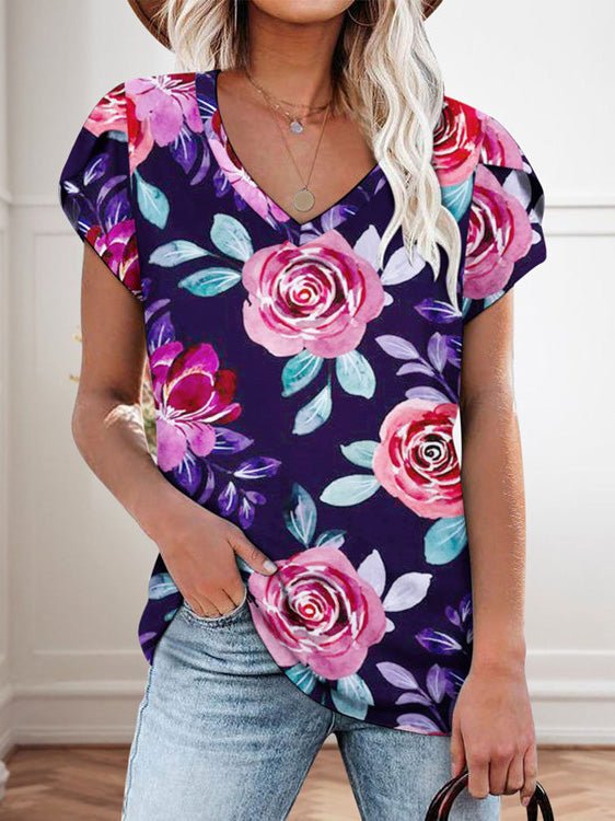 Women's T-Shirts Floral Print V-Neck Short Sleeve T-Shirt