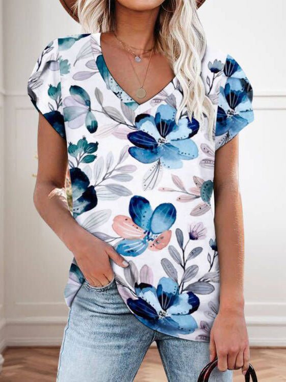 Women's T-Shirts Floral Print V-Neck Short Sleeve T-Shirt