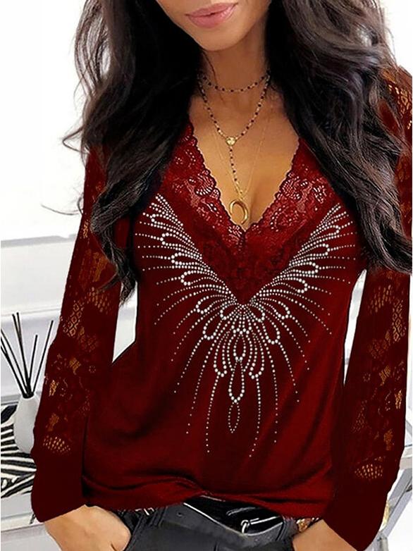 Lace Print V-Neck Long Sleeve T-Shirt