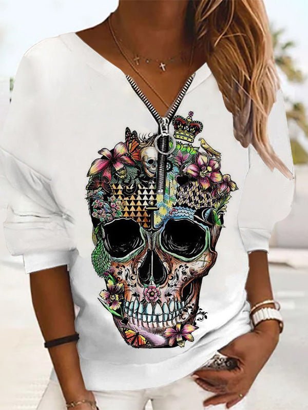 Women's T-Shirts Loose Print Zip Long Sleeve T-Shirt