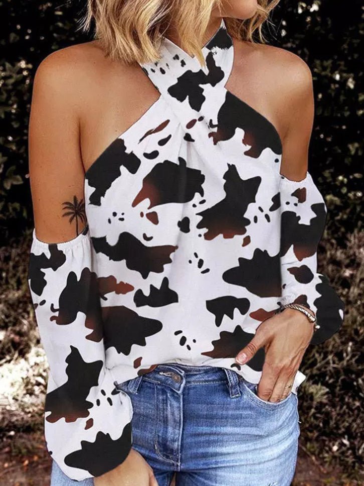 Women's T-Shirts Printed Halter Off-Shoulder Long Sleeve T-Shirt