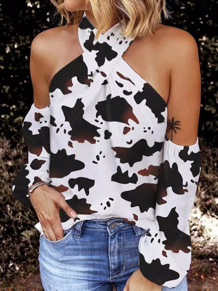 Women's T-Shirts Printed Halter Off-Shoulder Long Sleeve T-Shirt