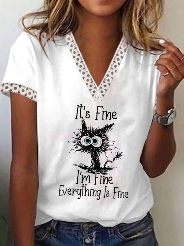 Women's T-Shirts Printed Lace V-Neck Short Sleeve T-Shirt