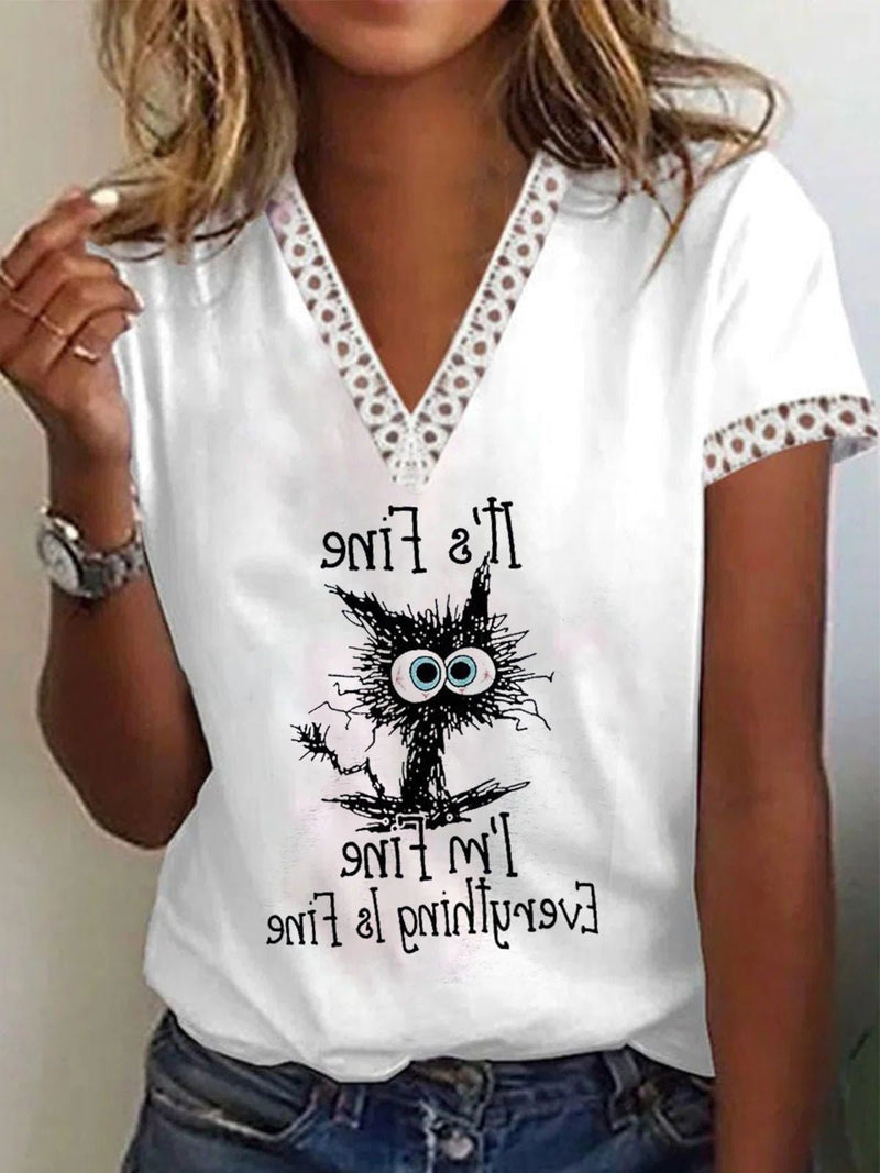 Women's T-Shirts Printed Lace V-Neck Short Sleeve T-Shirt