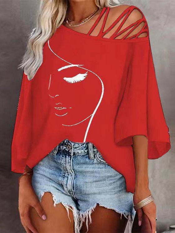 Women's T-Shirts Printed Off Shoulder 3/4 Sleeve T-Shirt