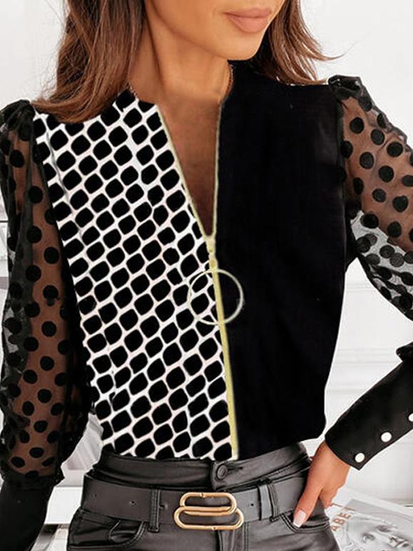 Printed Stitching V-Neck Zipper Long Sleeve T-Shirt