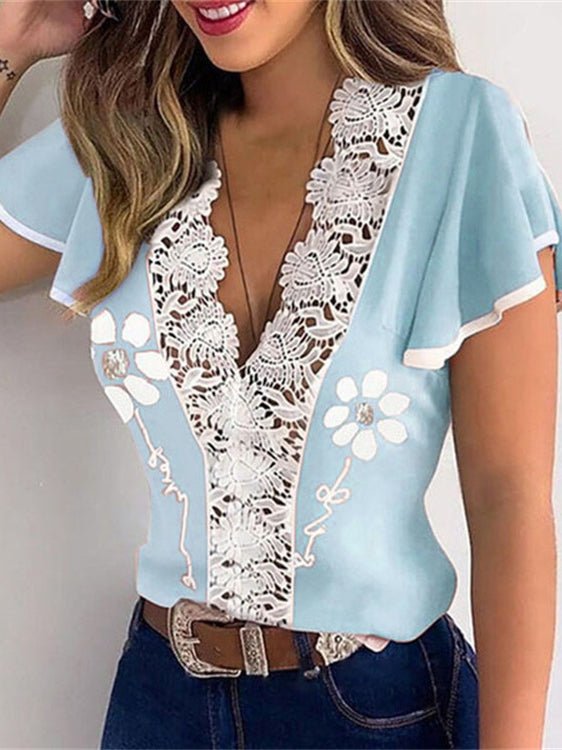 Women's T-Shirts Printed V-Neck Lace Ruffle T-Shirt