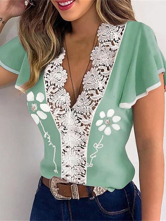 Women's T-Shirts Printed V-Neck Lace Ruffle T-Shirt