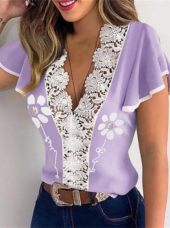 Women's T-Shirts Printed V-Neck Lace Ruffle T-Shirt