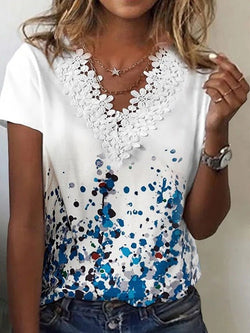 Women's T-Shirts Printed V-Neck Lace Short Sleeve T-Shirt