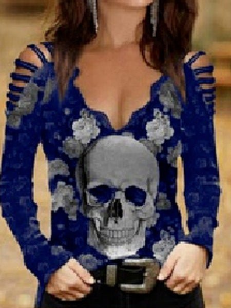 Women's T-Shirts Skull Print V-Neck Lace Off-the-Shoulder T-Shirt