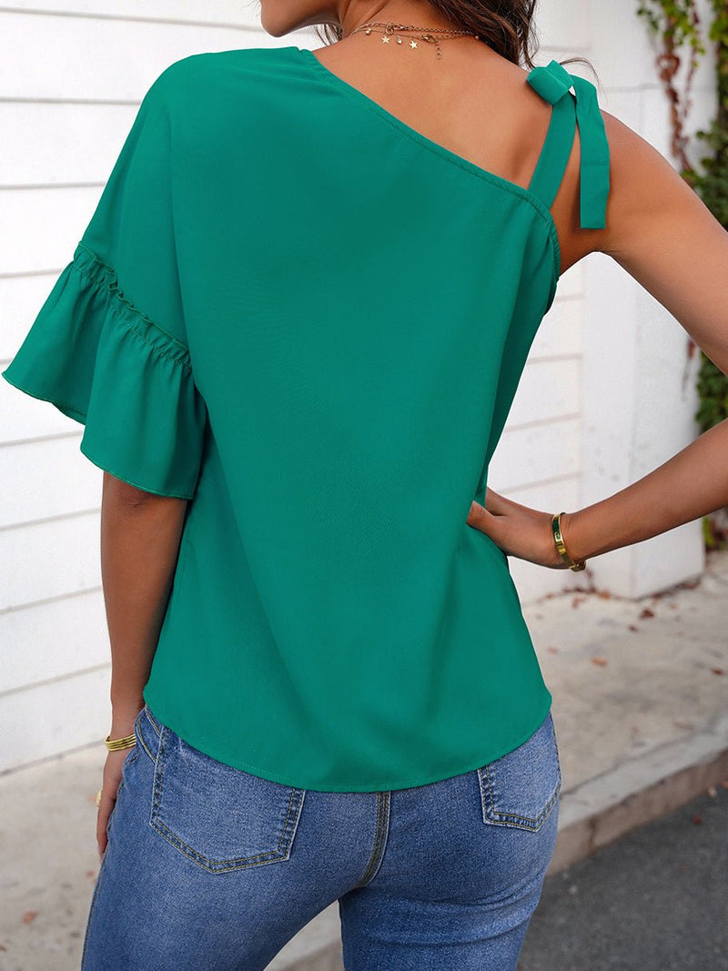 Women's T-Shirts Sloping Shoulder Ruffle Sleeve T-Shirt