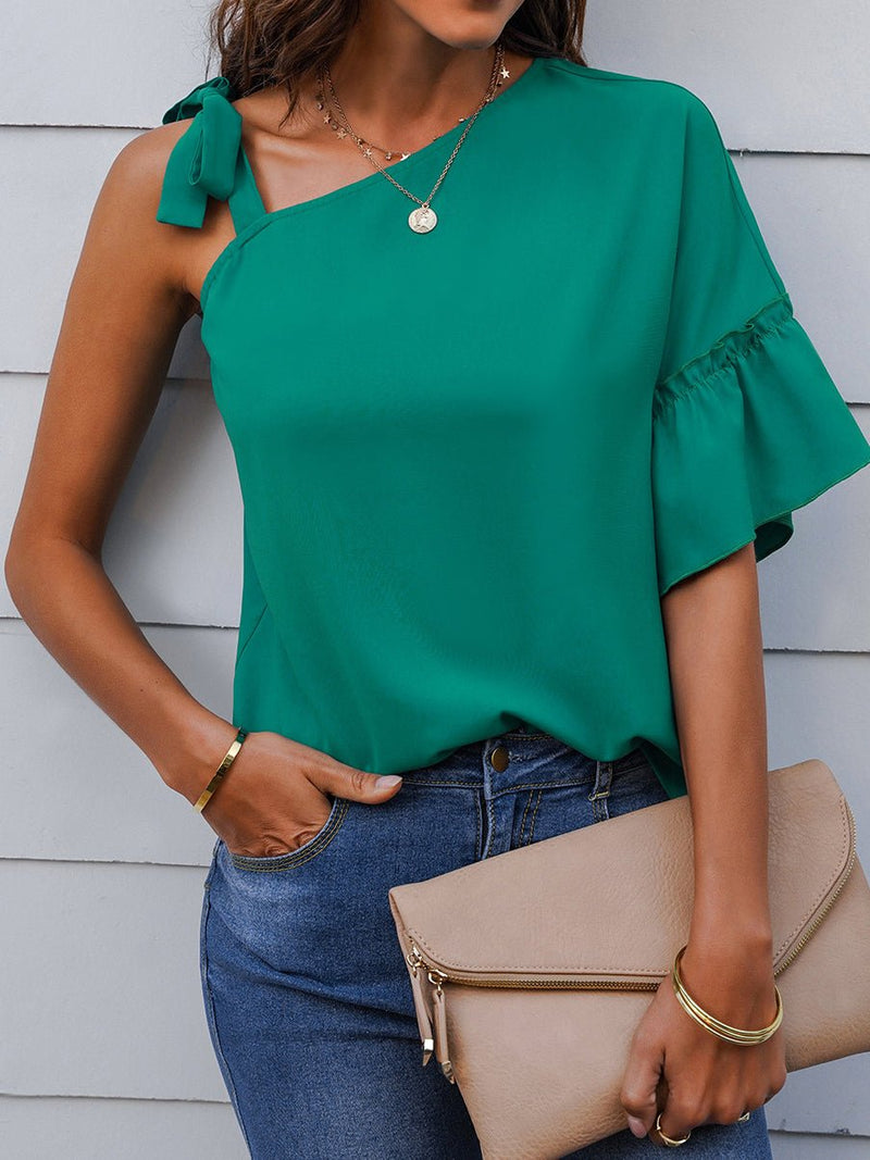 Women's T-Shirts Sloping Shoulder Ruffle Sleeve T-Shirt