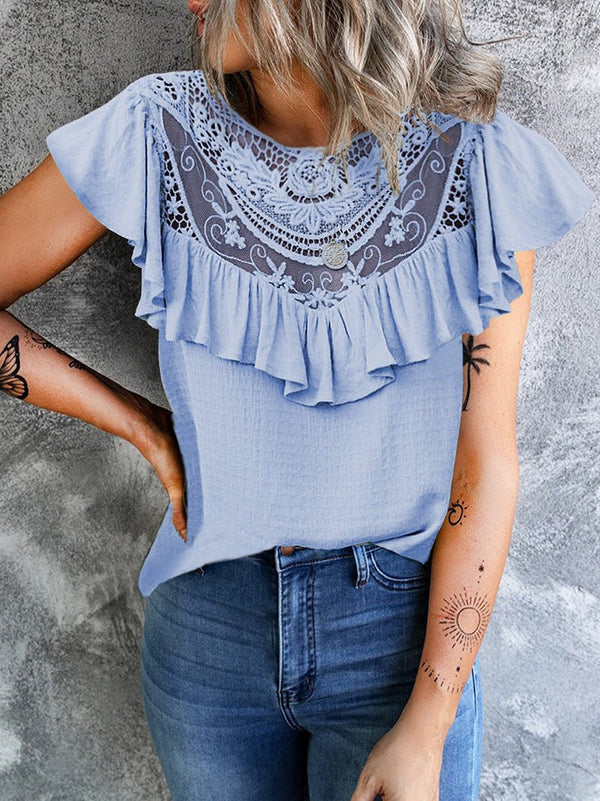 Women's T-Shirts Solid Lace Stitching Round Neck Ruffle T-Shirt