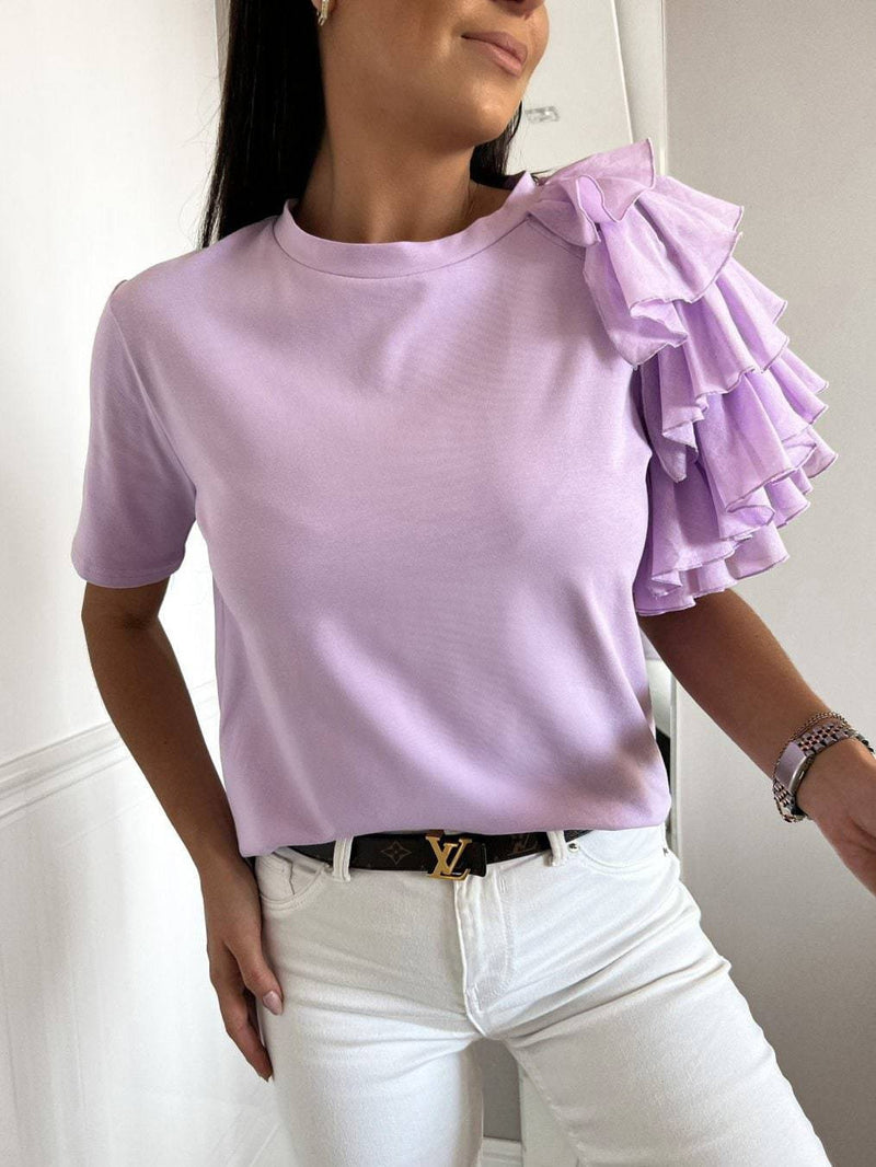 Women's T-Shirts Solid Simple Ruffle Short Sleeve T-Shirt