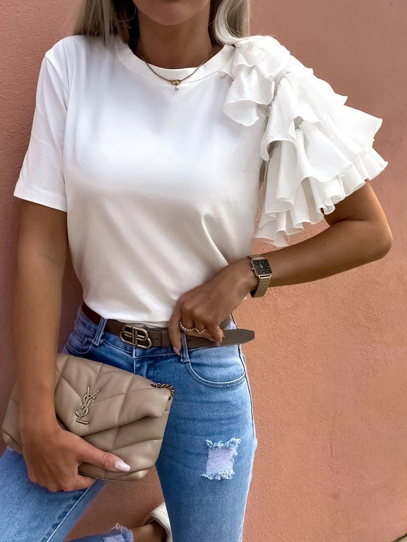 Women's T-Shirts Solid Simple Ruffle Short Sleeve T-Shirt