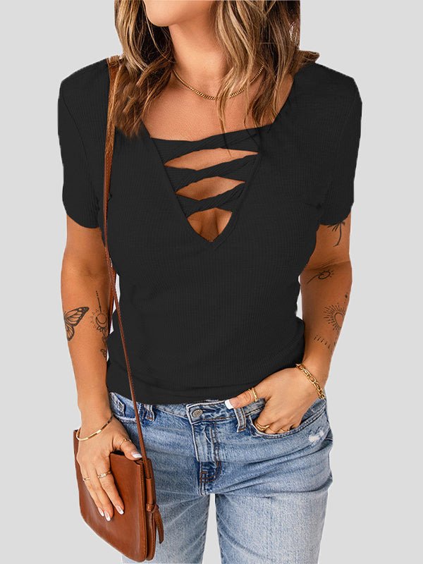 Women's T-Shirts Solid V-Neck Hollow Short Sleeve T-Shirt