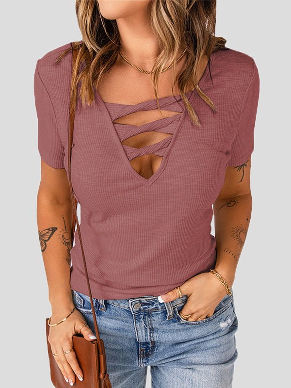 Women's T-Shirts Solid V-Neck Hollow Short Sleeve T-Shirt