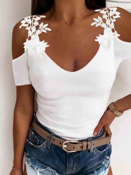 Women's T-Shirts Solid V-Neck Lace Off-Shoulder T-Shirt