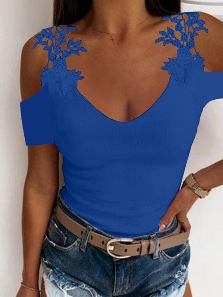 Women's T-Shirts Solid V-Neck Lace Off-Shoulder T-Shirt